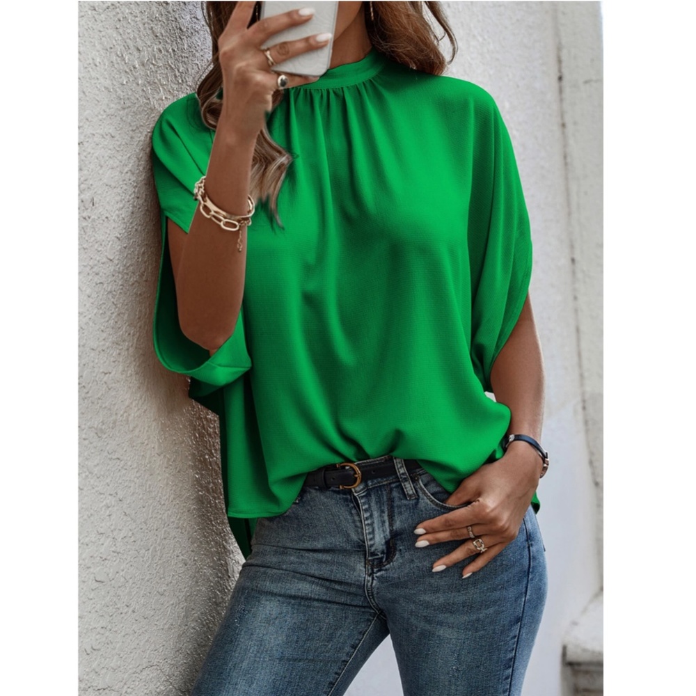 Green Blouse Top Flowy, High Neck - Picture 4 of 9